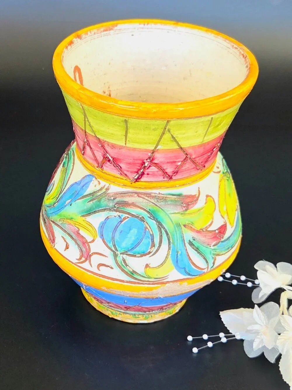 Vintage Italian Majolica Pottery Vase – Hand Painted – Signed – Colorful